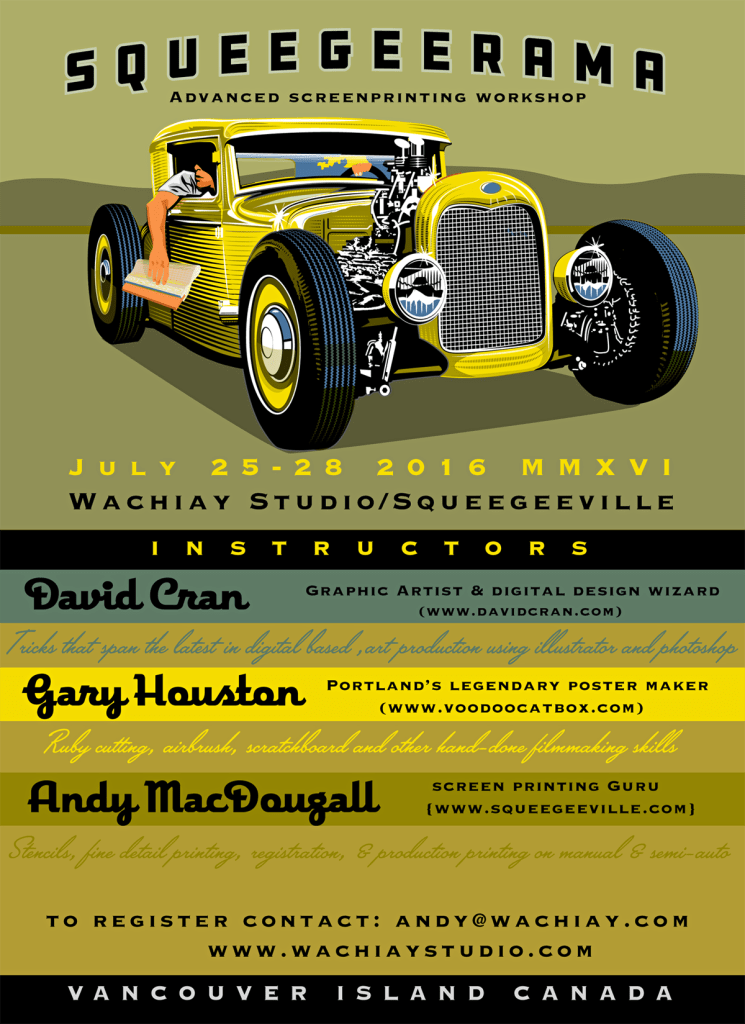 Squeegeerama 2016 Poster with guest artists David Cran, Gary Houston, Andy MacDougall. Image is an old Ford with someone holding a squeegee out the window.