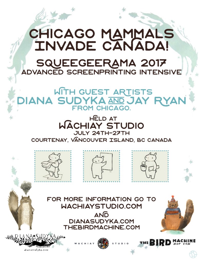 Squeegeerama 2017 Poster with guest artists Diana Sudyka and Jay Ryan. Image is of funny animals, and some of them screenprinting.
